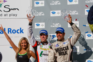 PHOTO: Tomy Drissi (right) and Kyle Marcelli celebrate on the podium after the 2011 American Le Mans Series race at Lime Rock Park.